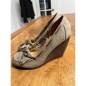 Vtg Bakers Shoes 7 Tan Wedges Moccasin Heels Leather Loafer Fringe Boho Aztec
